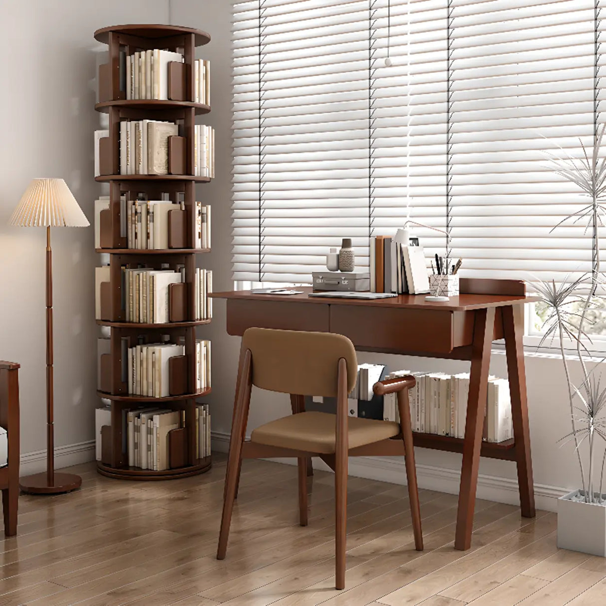 Modern Rotatable Revolver Round Wood Narrow Bookcase Image - 1