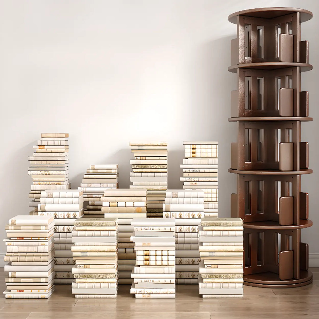 Modern Rotatable Revolver Round Wood Narrow Bookcase Image - 4