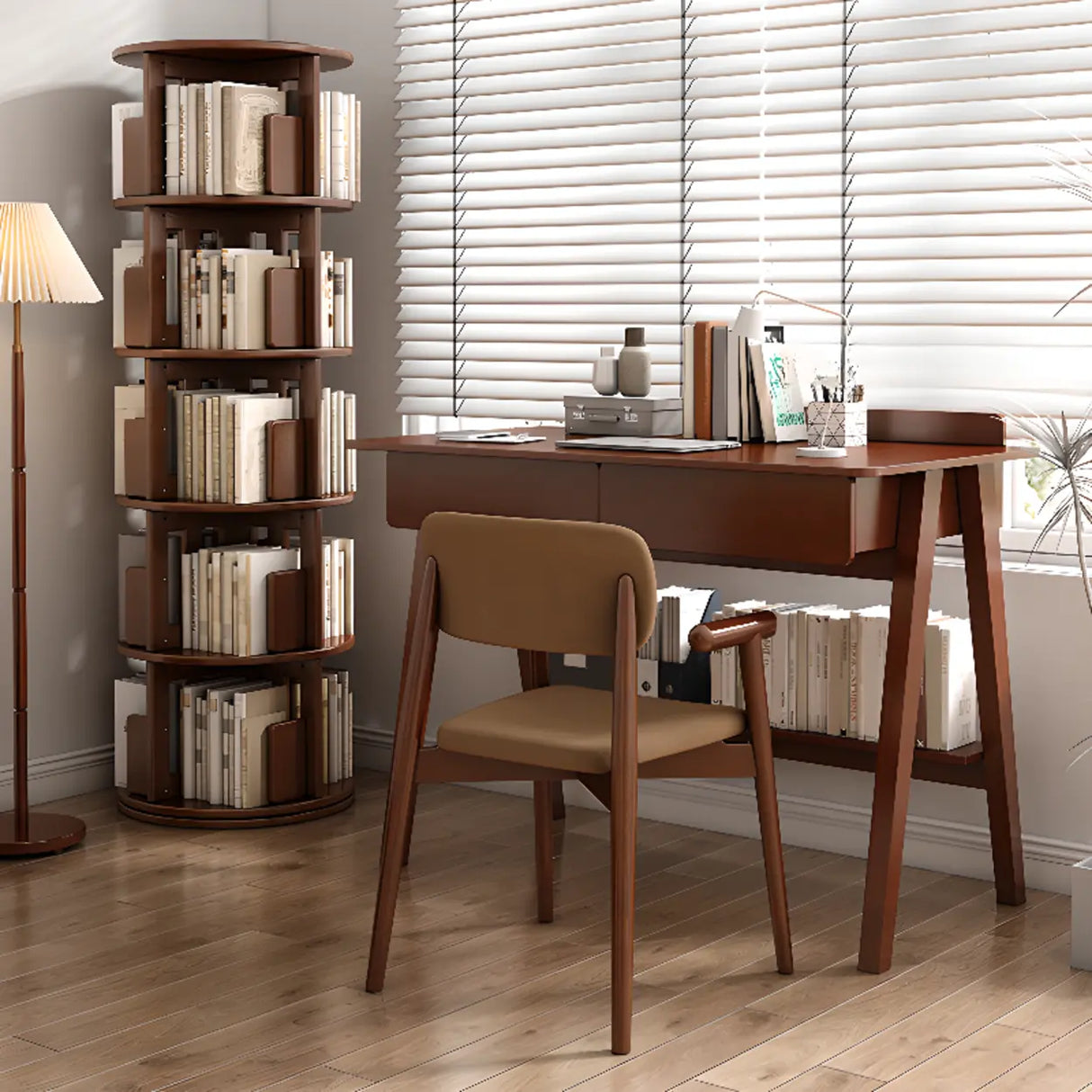 Modern Rotatable Revolver Round Wood Narrow Bookcase Image - 6