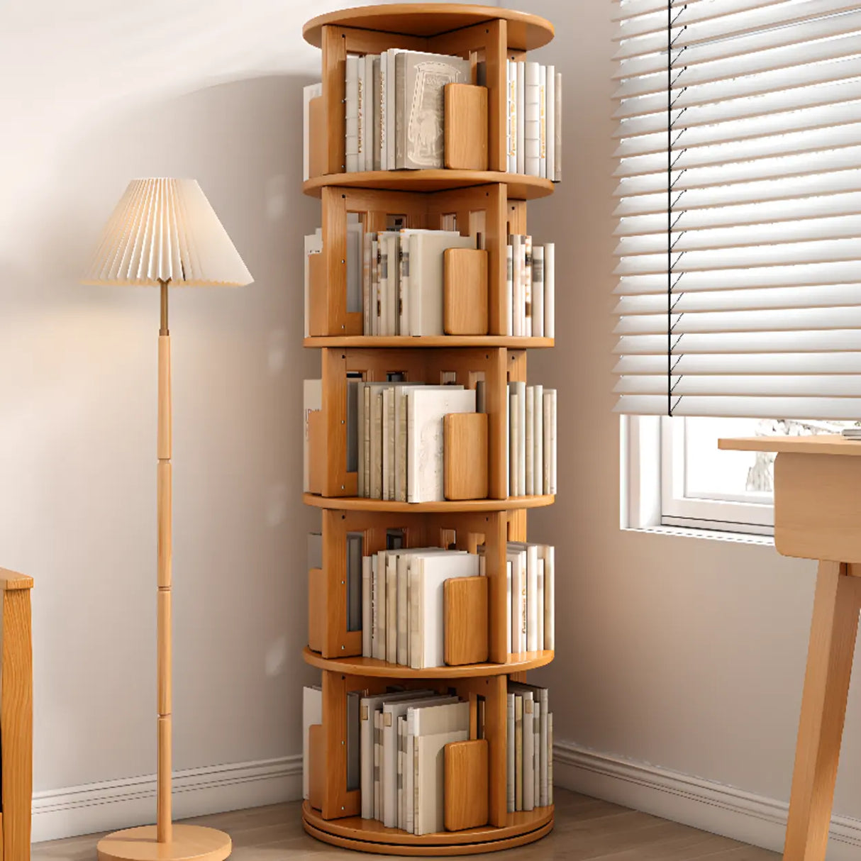 Modern Rotatable Revolver Round Wood Narrow Bookcase Image - 8