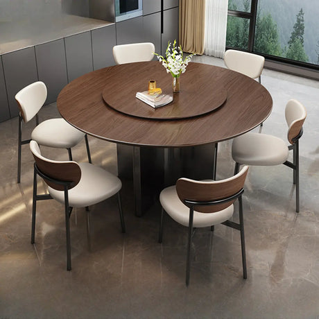 Modern Rotating Lazy Susan Round Brown Wood Dining Table Image - 1