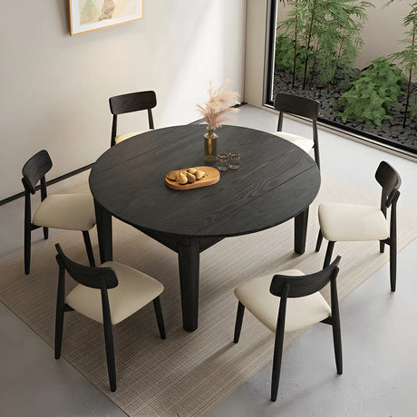 Modern Round Black Ash Dining Table with Drop Leaf Extension Image - 2