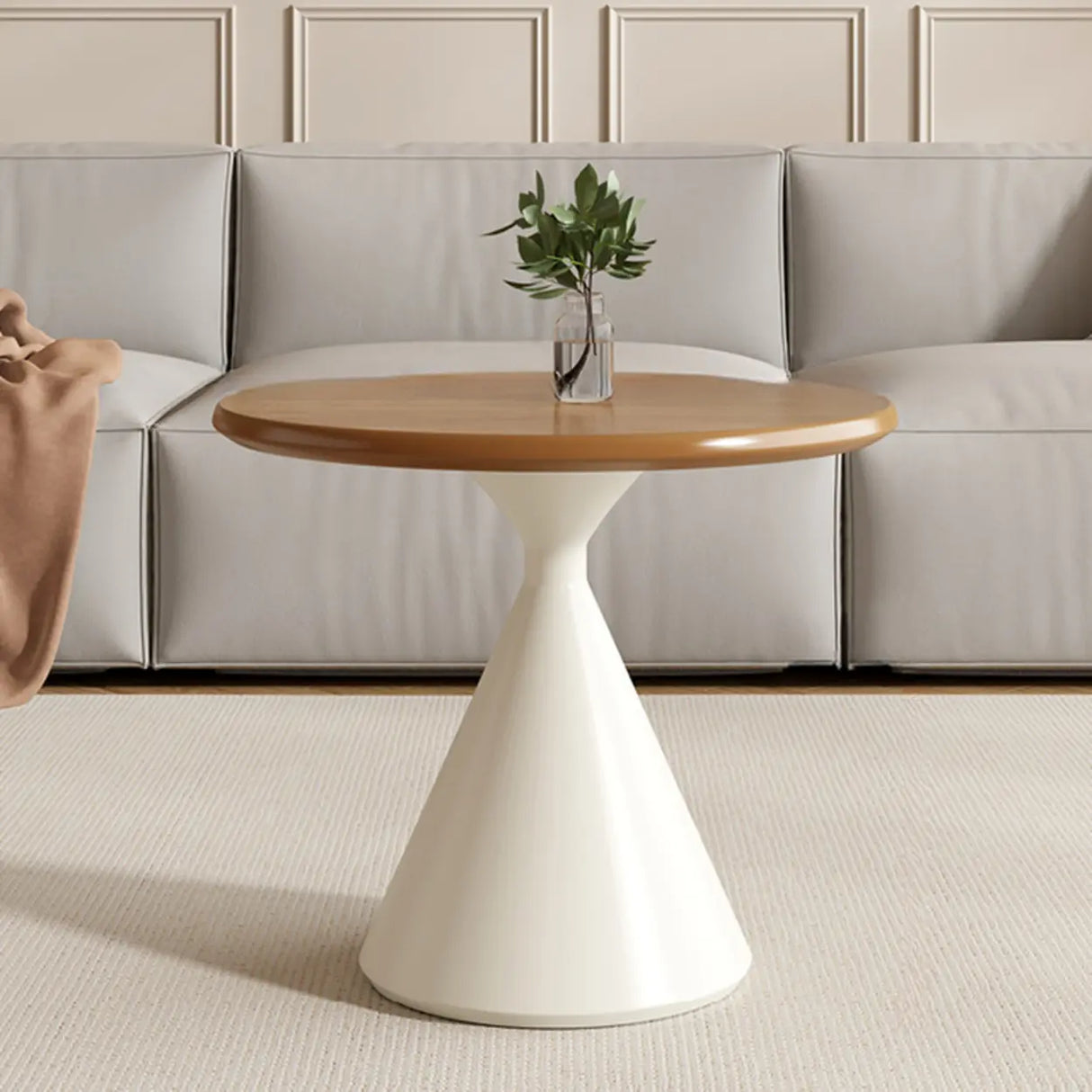 Modern Round Coffee Table Set, Wood Top & White Base Image - 11