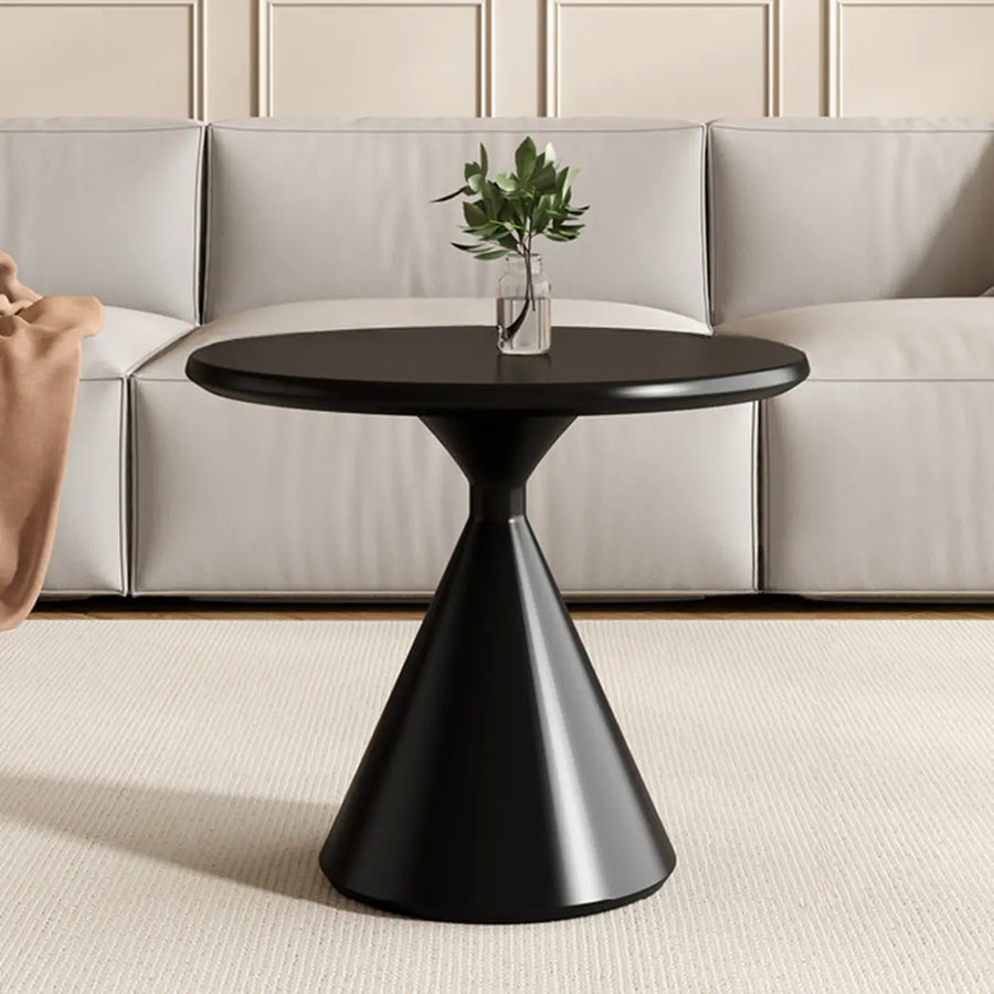Modern round wood coffee table set with white pedestal bases