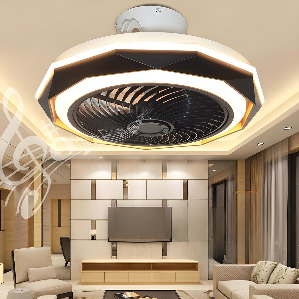 Modern Round Flush Bladeless Ceiling Fan with Light Image - 3