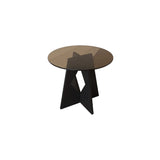 Modern Round Glass Side Table with Geometric Metal Base Image - 3