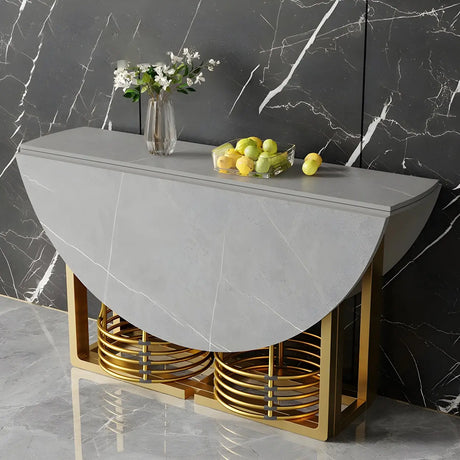 Modern Round Grey Stone Dining Table Folding Drop Leaf Image - 1