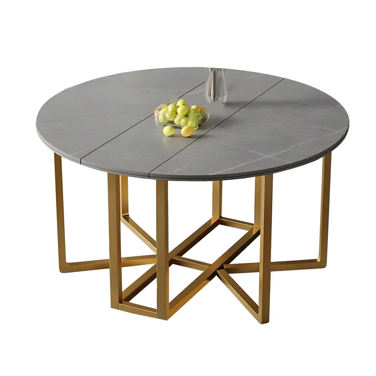 Modern Round Grey Stone Dining Table Folding Drop Leaf Image - 2