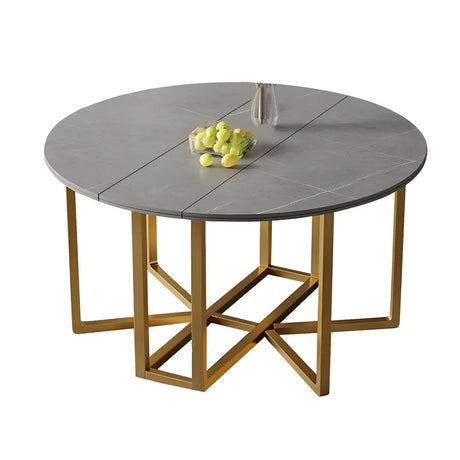 Modern Round Grey Stone Dining Table Folding Drop Leaf Image - 2