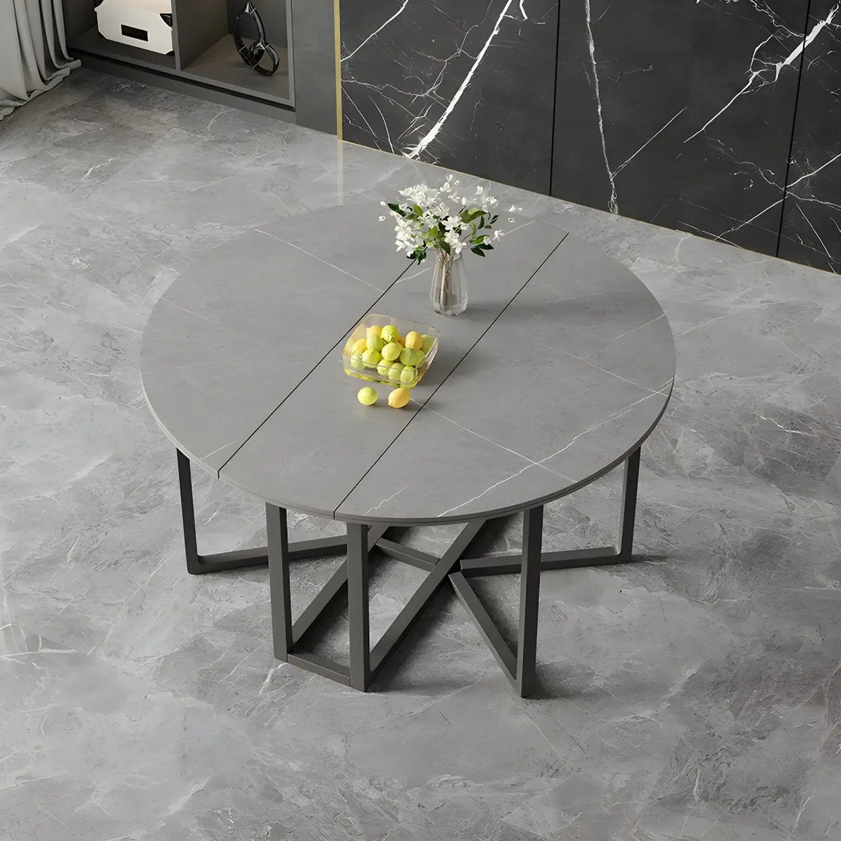 Modern Round Grey Stone Dining Table Folding Drop Leaf Image - 3