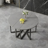Modern Round Grey Stone Dining Table Folding Drop Leaf Image - 3