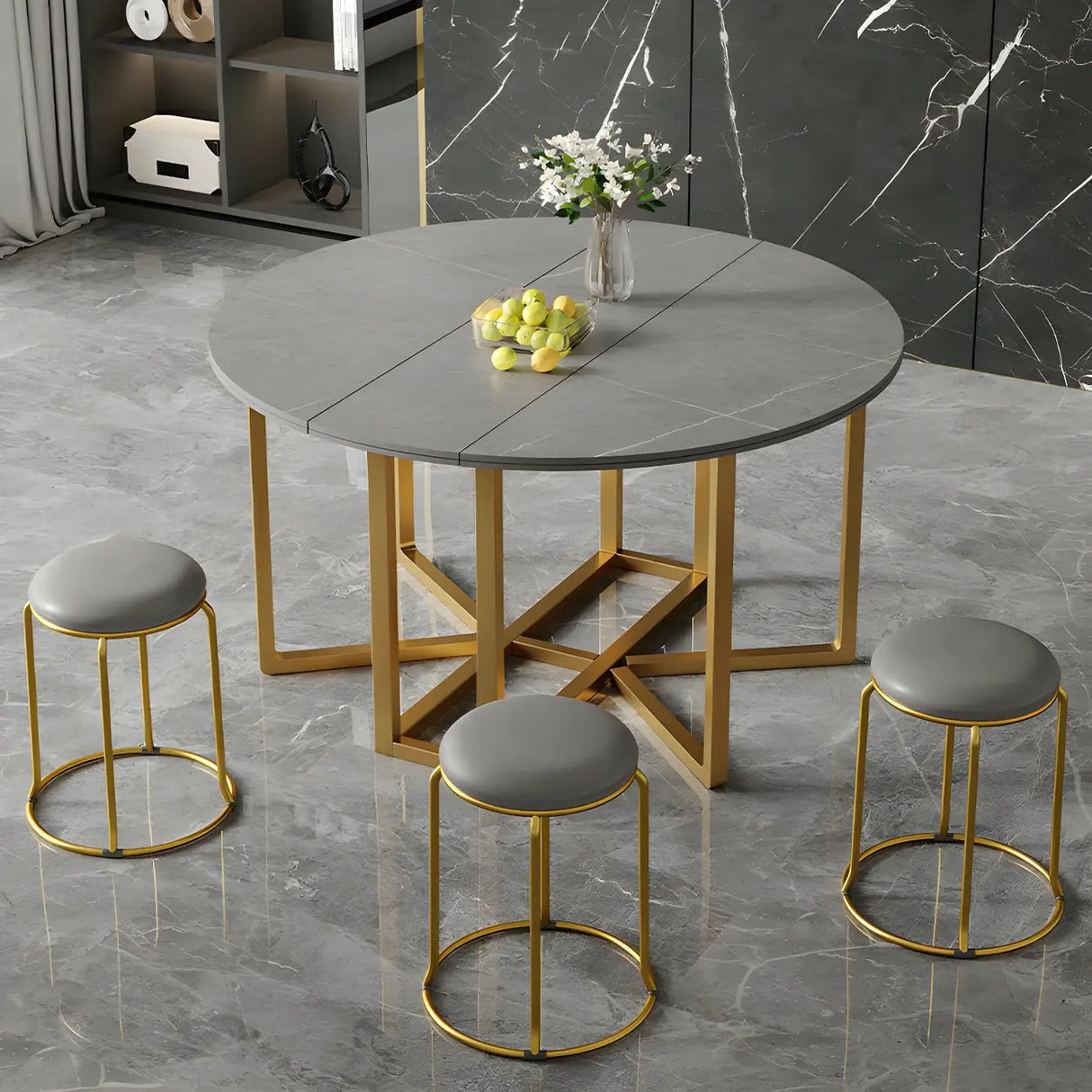 Modern Round Grey Stone Dining Table Folding Drop Leaf Image - 6