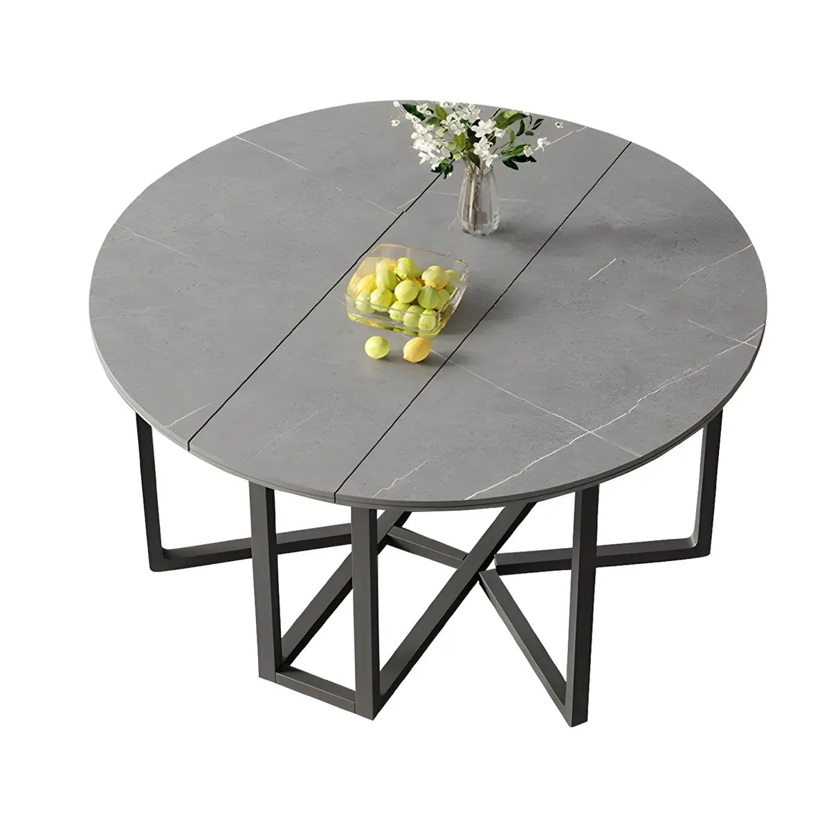 Modern Round Grey Stone Dining Table Folding Drop Leaf Image - 7