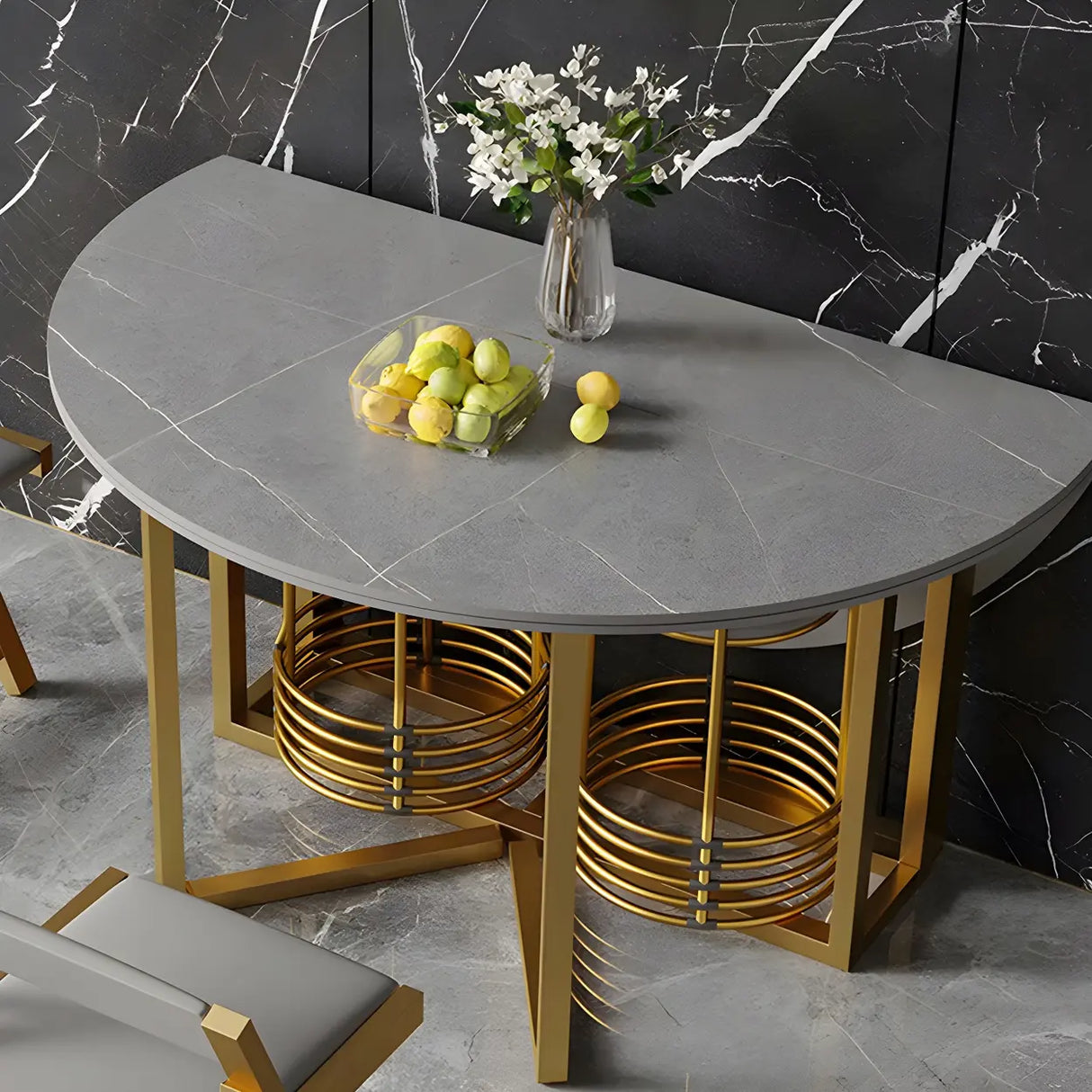 Modern Round Grey Stone Dining Table Folding Drop Leaf Image - 8