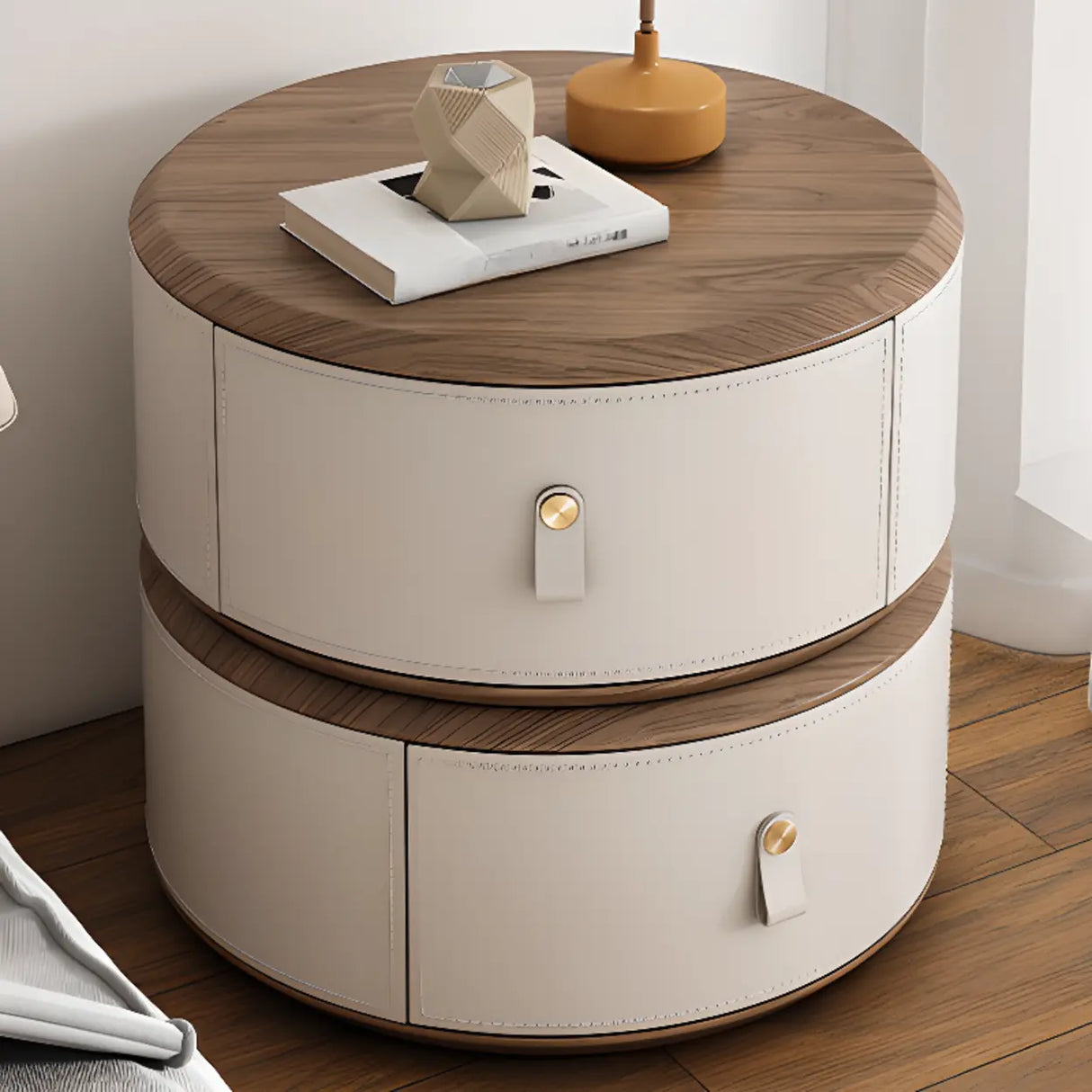 Modern Round Leather Nightstand with Wood Top and Drawers Image - 1