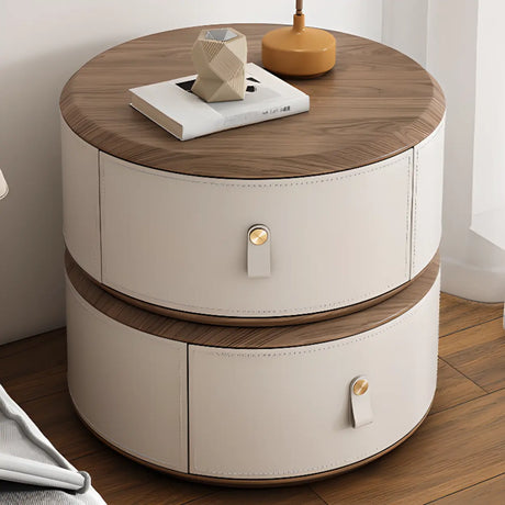 Modern Round Leather Nightstand with Wood Top and Drawers Image - 1