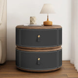 Modern Round Leather Nightstand with Wood Top and Drawers Image - 10