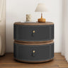 Modern Round Leather Nightstand with Wood Top and Drawers Image - 10