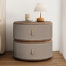 Modern Round Leather Nightstand with Wood Top and Drawers Image - 11