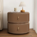 Modern Round Leather Nightstand with Wood Top and Drawers Image - 12