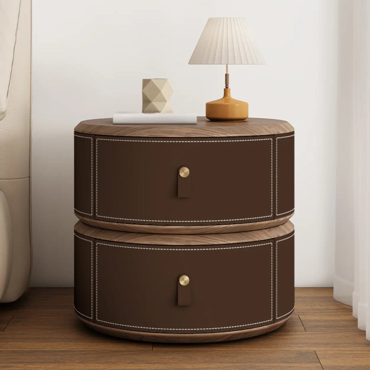Modern Round Leather Nightstand with Wood Top and Drawers Image - 13