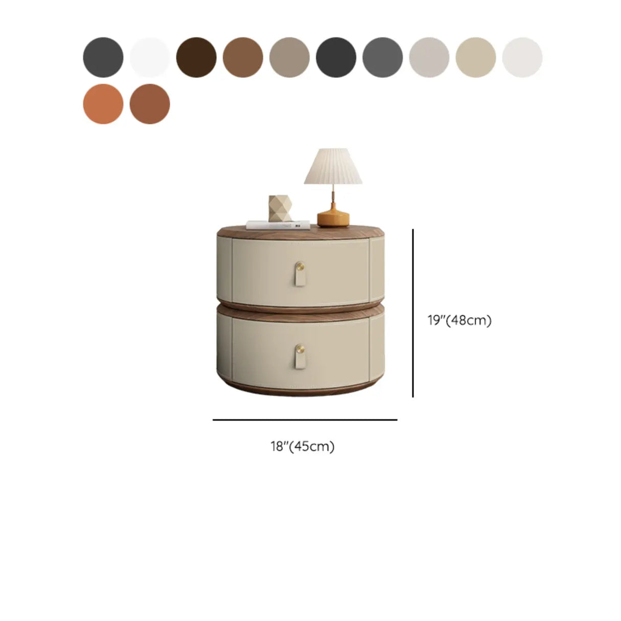 Modern Round Leather Nightstand with Wood Top and Drawers 