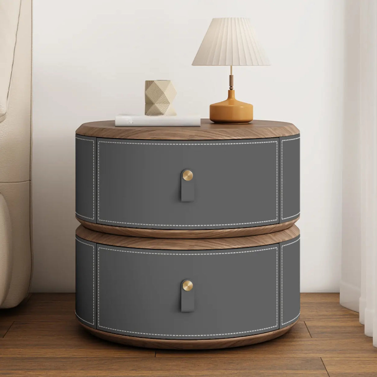 Modern Round Leather Nightstand with Wood Top and Drawers Image - 8