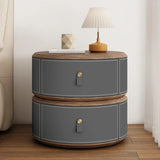 Modern Round Leather Nightstand with Wood Top and Drawers Image - 8