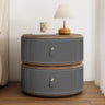 Modern Round Leather Nightstand with Wood Top and Drawers Image - 8
