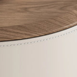 Modern Round Leather Nightstand with Wood Top and Drawers Image - 9