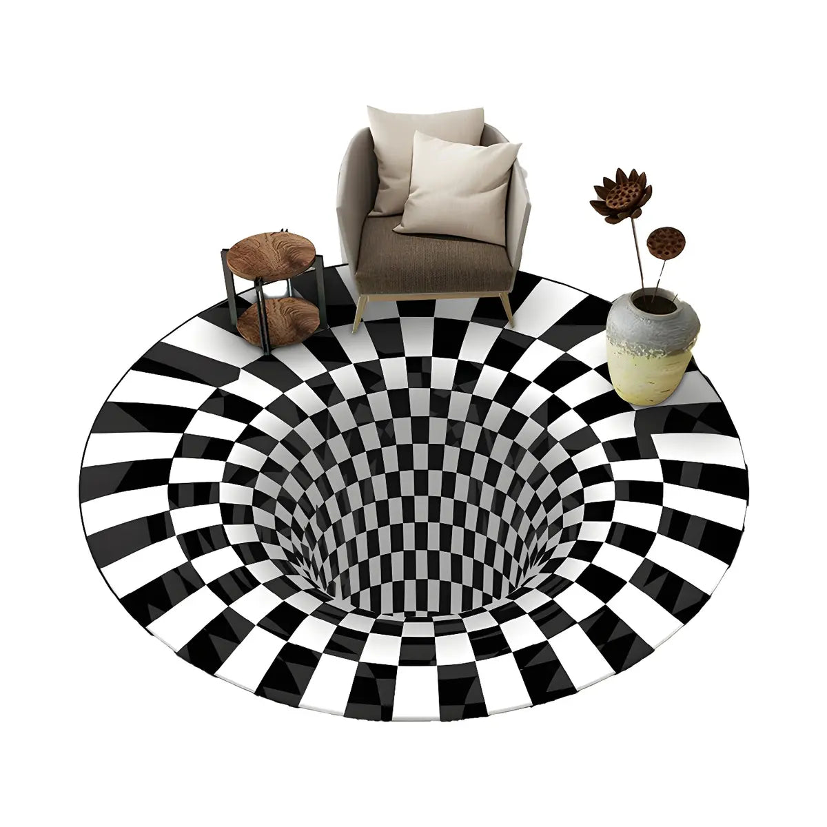 Modern Round Polyester Optical Illusion Black Area Rug Image - 10