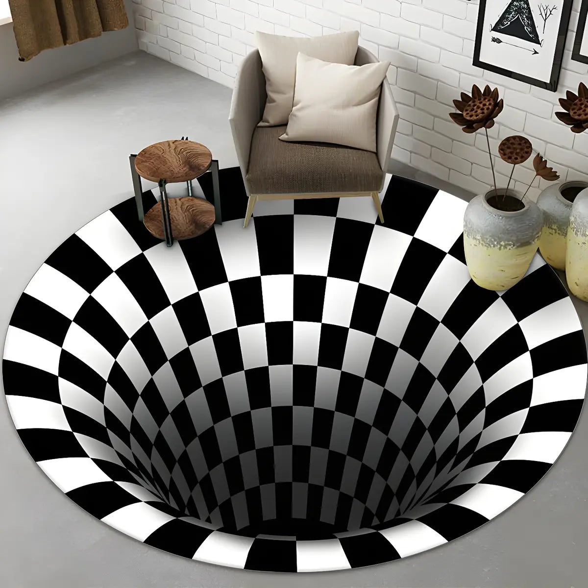Modern Round Polyester Optical Illusion Black Area Rug Image - 12