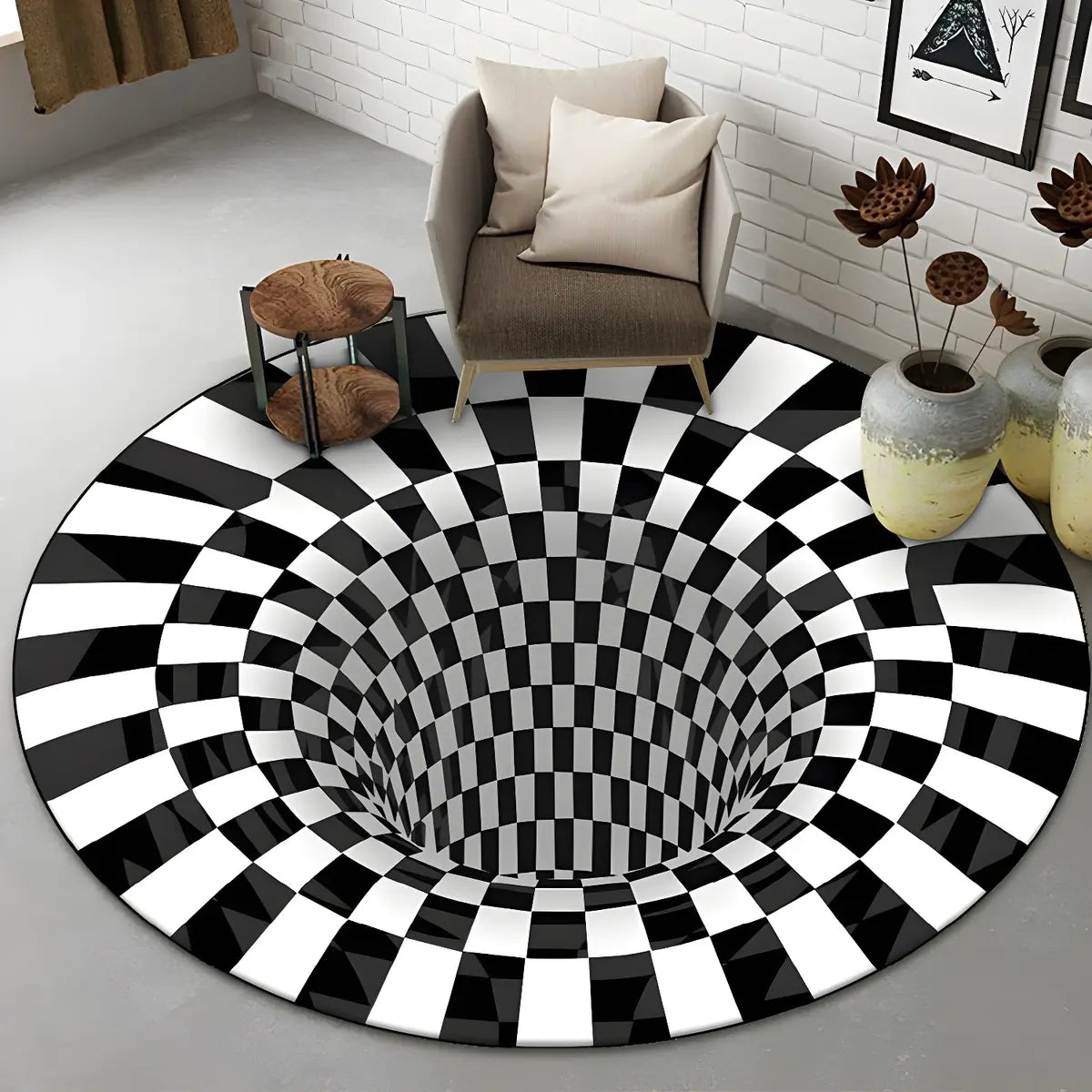 Modern Round Polyester Optical Illusion Black Area Rug Image - 14
