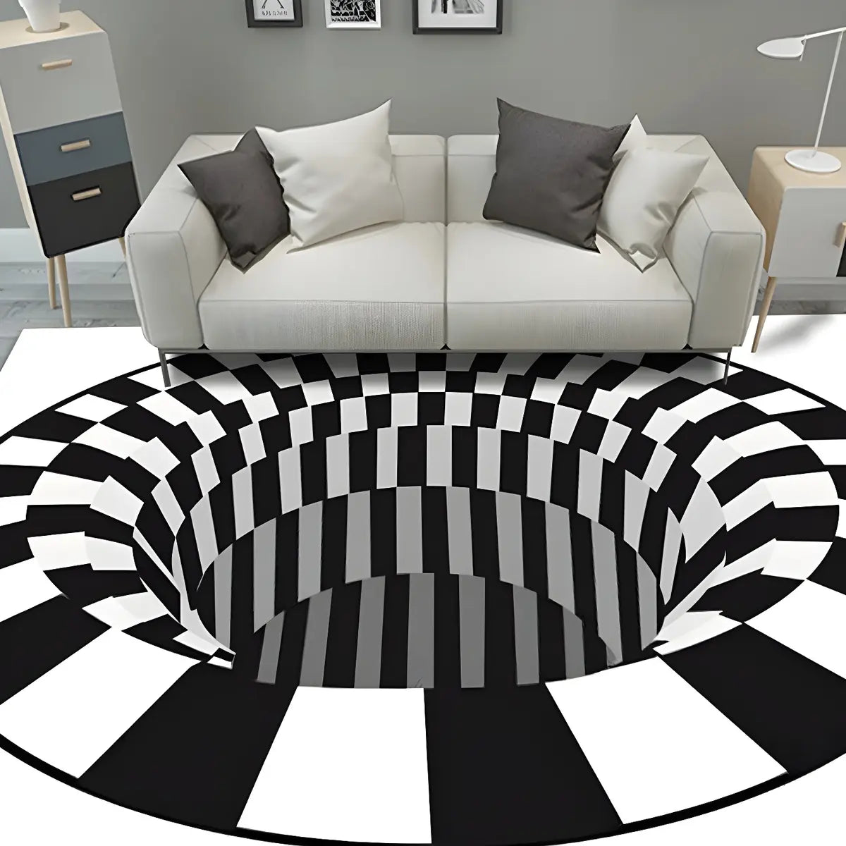 Modern Round Polyester Optical Illusion Black Area Rug Image - 15