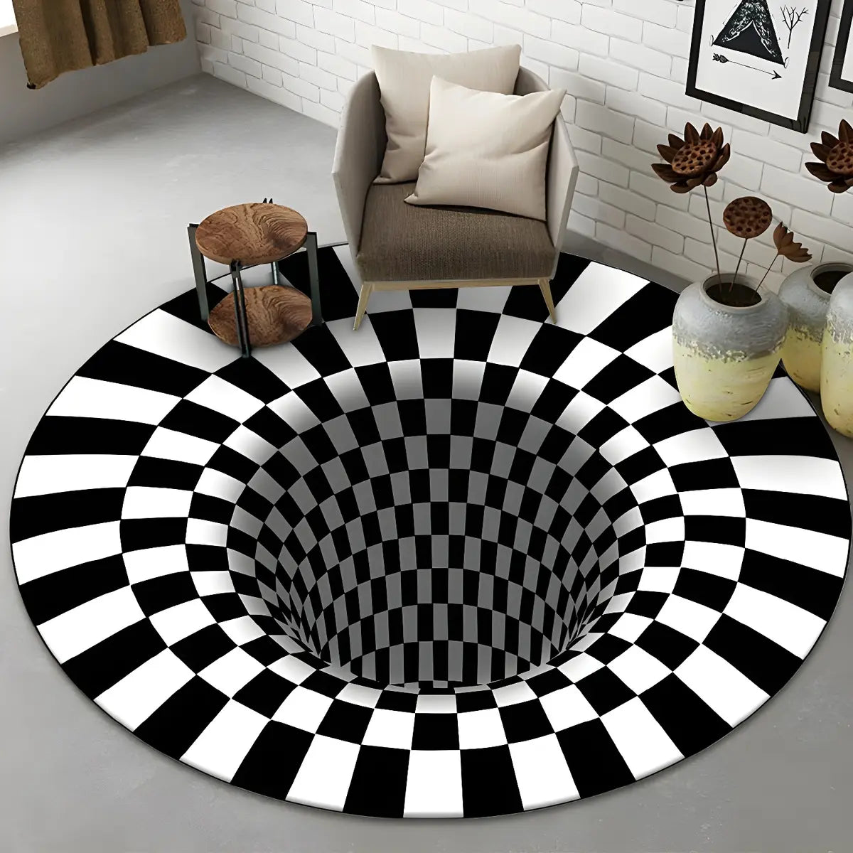 Modern Round Polyester Optical Illusion Black Area Rug Image - 16