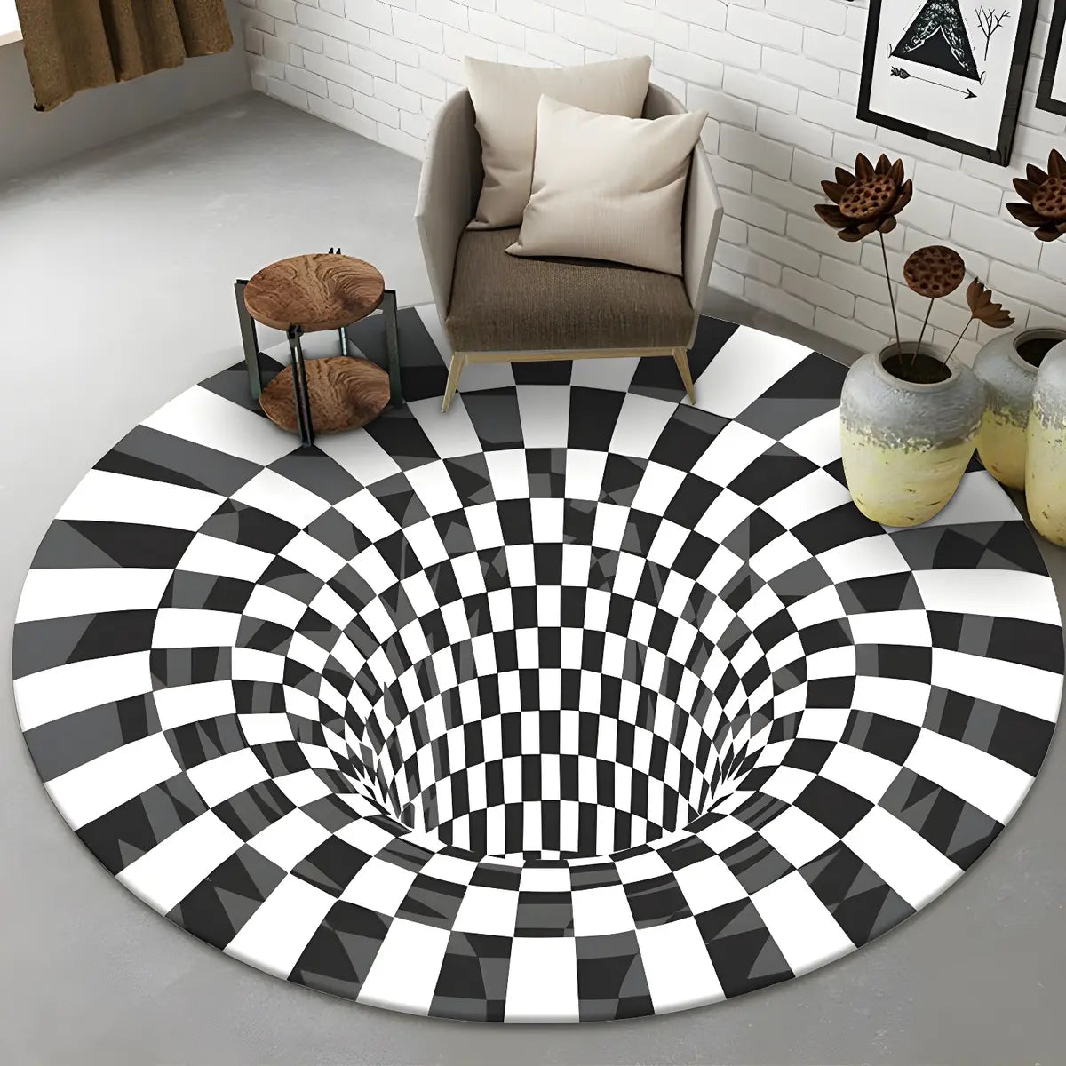 Modern Round Polyester Optical Illusion Black Area Rug Image - 17