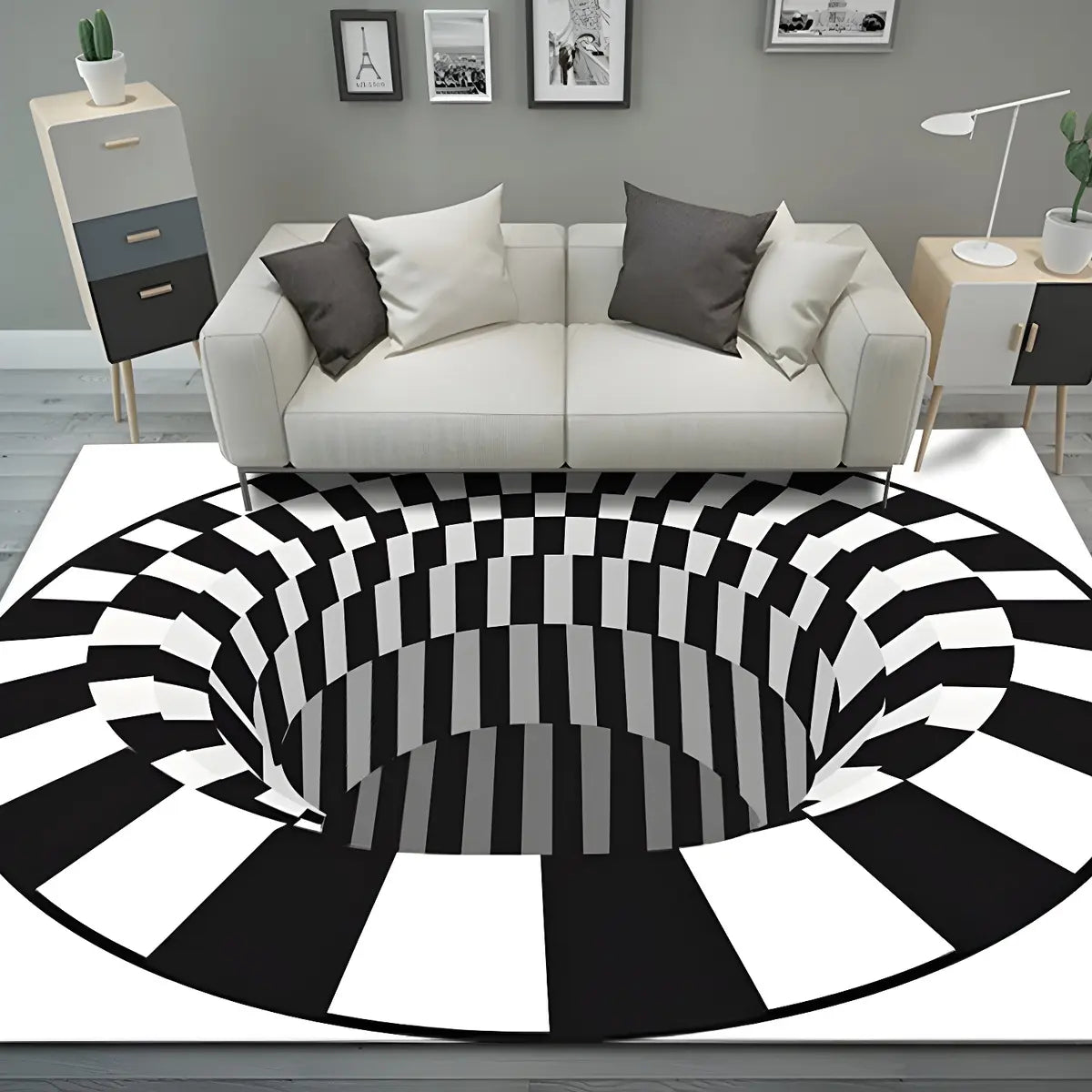 Modern Round Polyester Optical Illusion Black Area Rug Image - 2