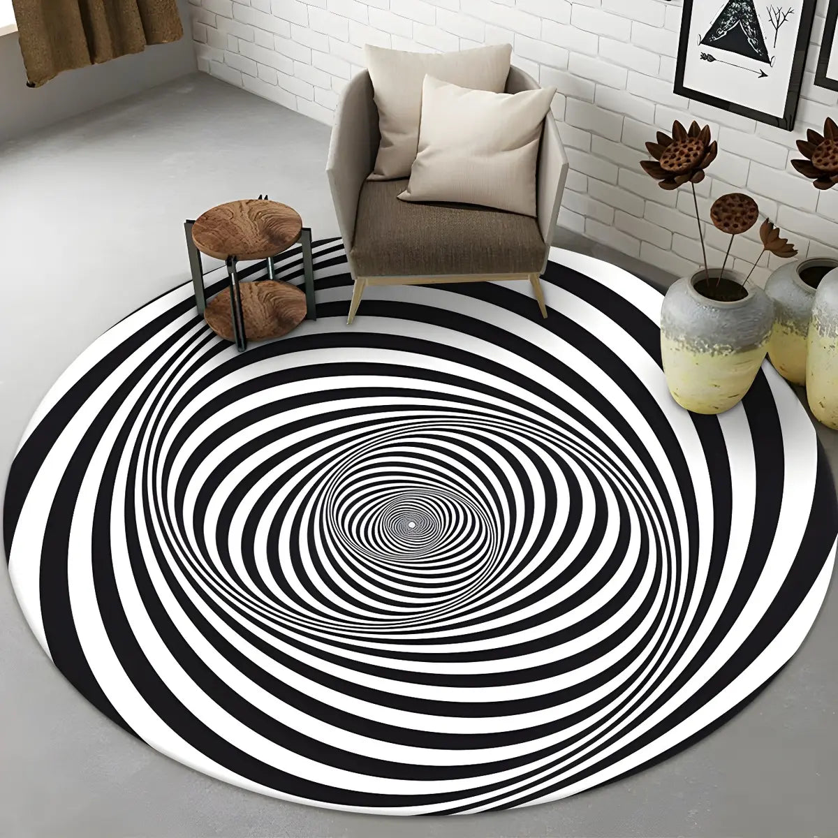 Modern Round Polyester Optical Illusion Black Area Rug Image - 3