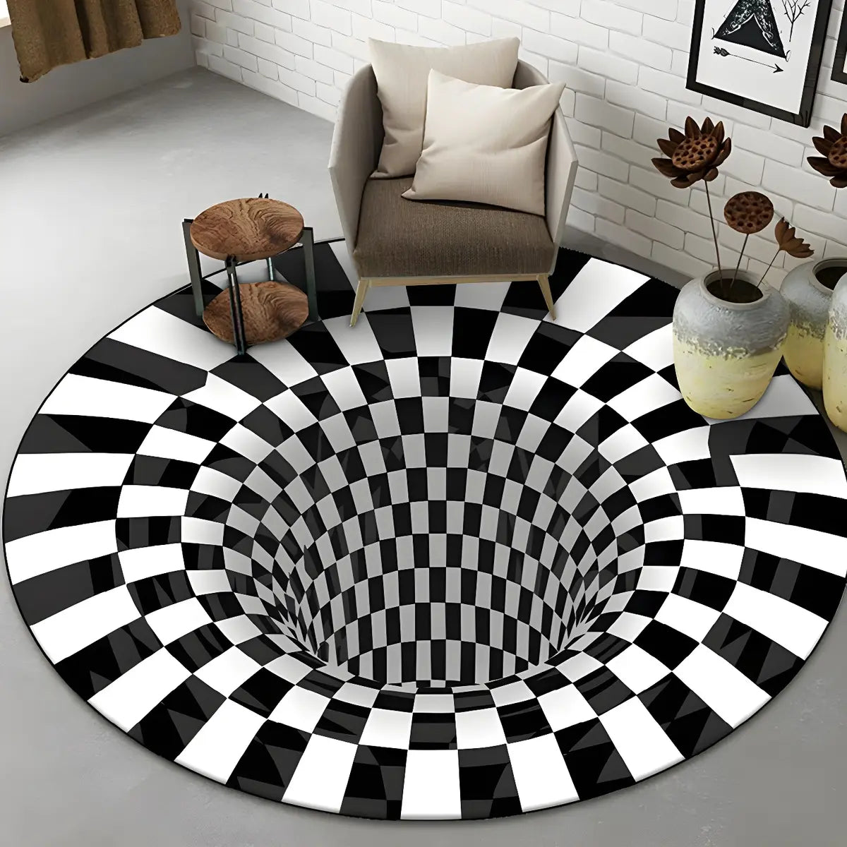 Modern Round Polyester Optical Illusion Black Area Rug Image - 4