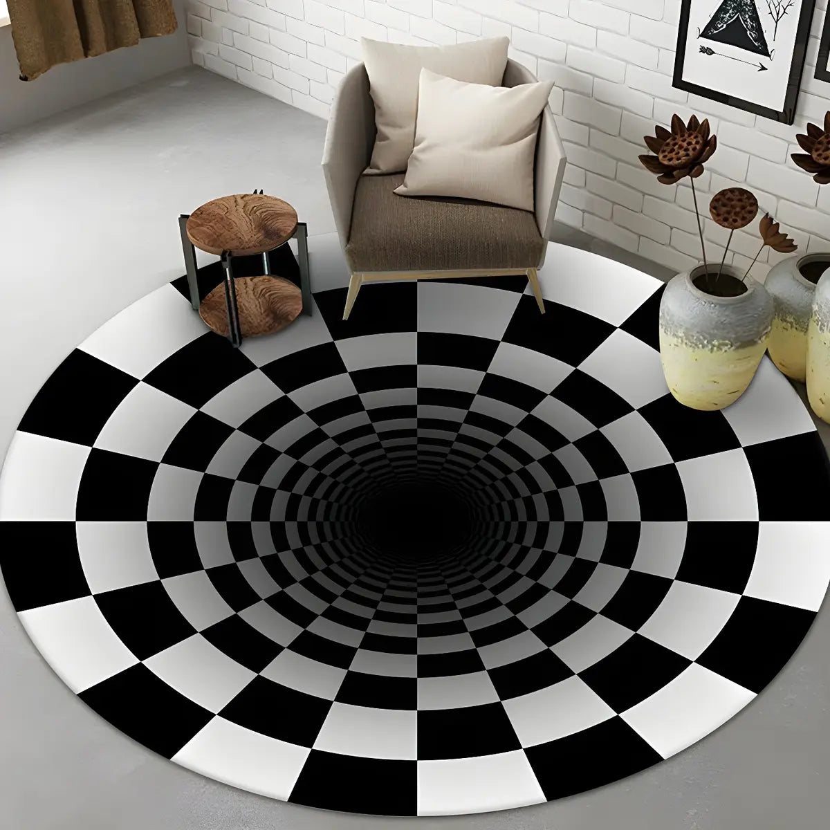 Modern Round Polyester Optical Illusion Black Area Rug Image - 6