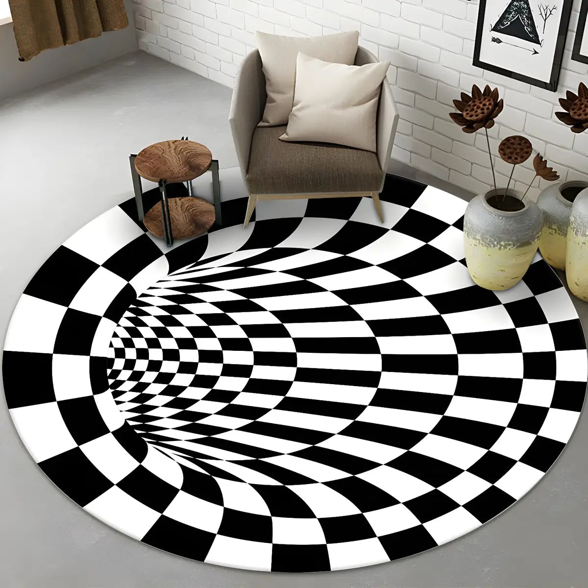 Modern Round Polyester Optical Illusion Black Area Rug Image - 7