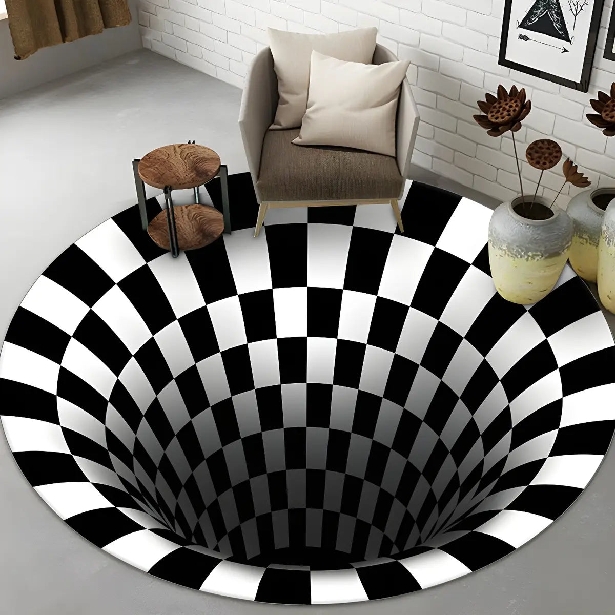 Modern Round Polyester Optical Illusion Black Area Rug Image - 8