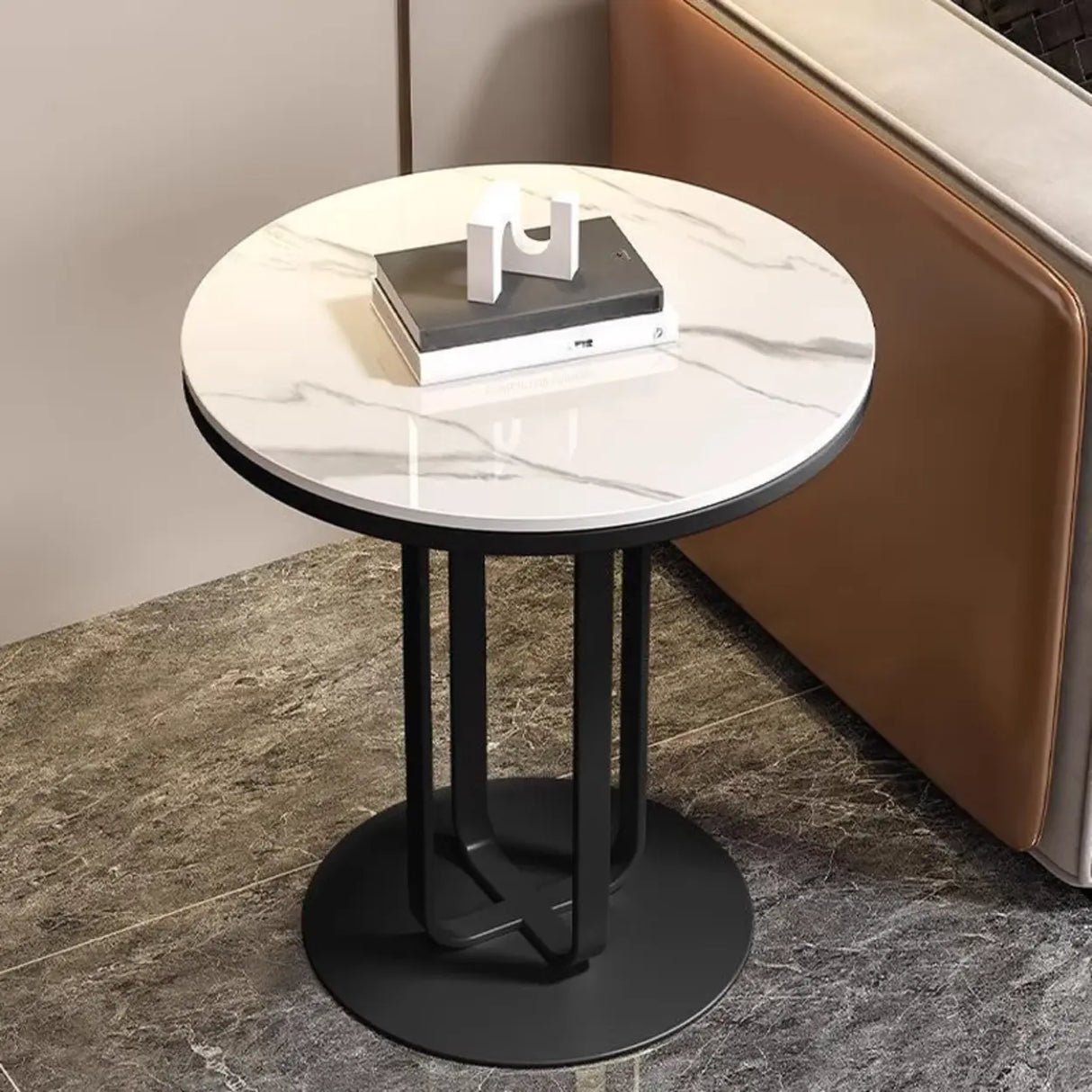 Modern Round Side Table with Sturdy Metal Base and Marble Top Image - 1