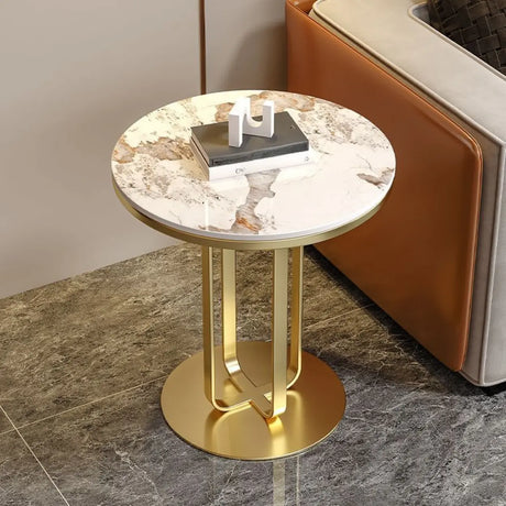 Modern Round Side Table with Sturdy Metal Base and Marble Top Image - 2