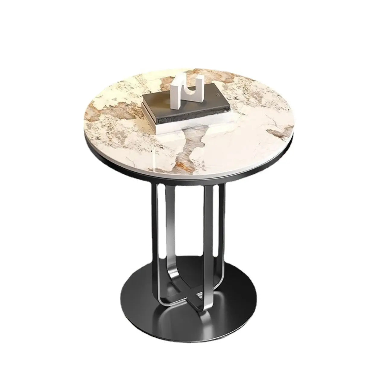 Modern Round Side Table with Sturdy Metal Base and Marble Top Image - 3