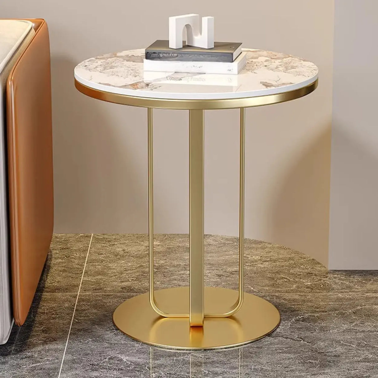 Modern Round Side Table with Sturdy Metal Base and Marble Top Image - 4