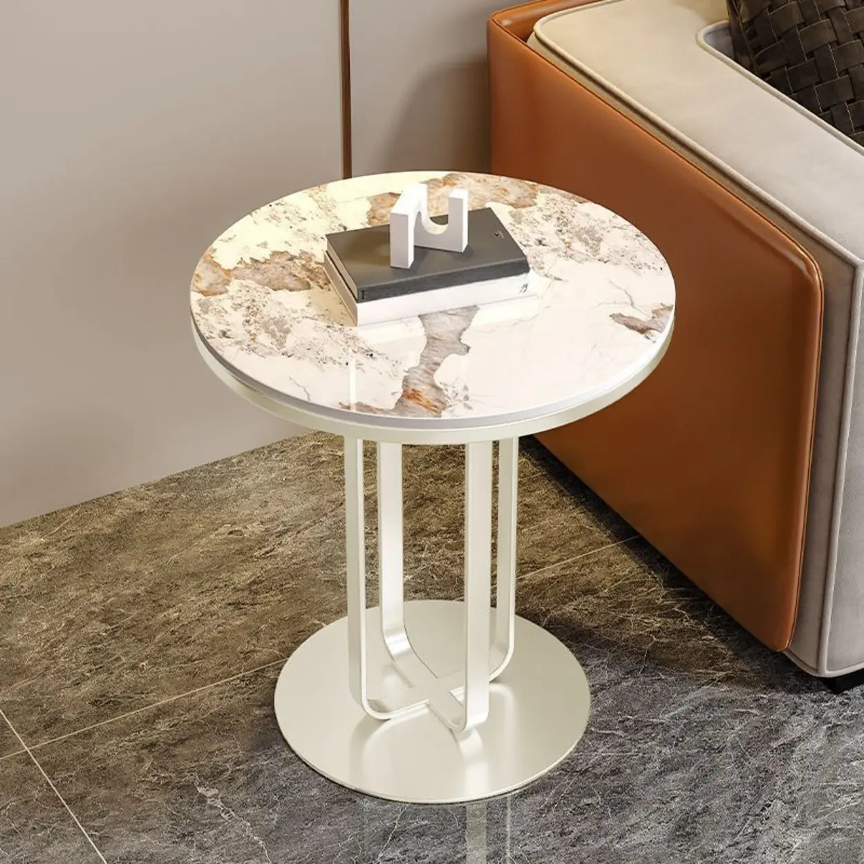 Modern Round Side Table with Sturdy Metal Base and Marble Top Image - 5