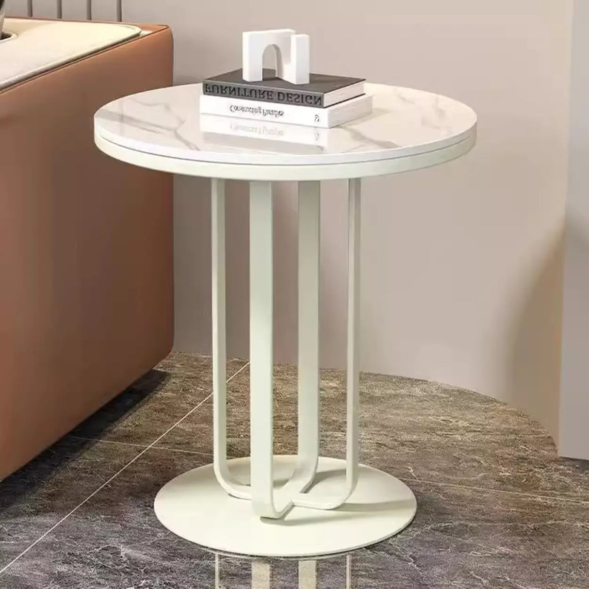 Modern Round Side Table with Sturdy Metal Base and Marble Top Image - 6