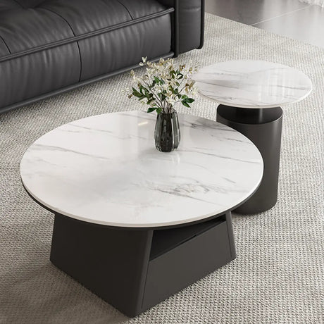 Modern Round Stone Coffee Table with Storage Drawer Image - 6