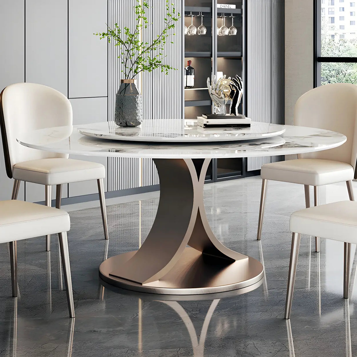 Modern Round Stone White Lazy Susan Turntable Dining Table Image - 2